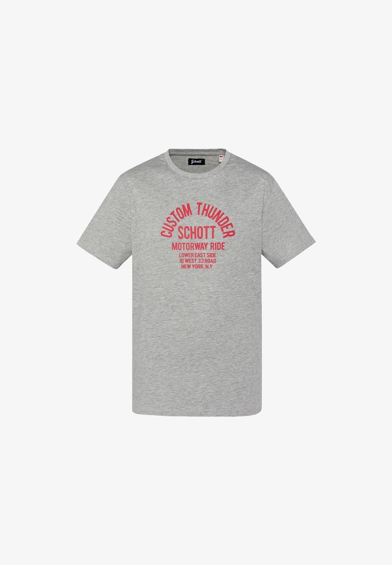 T-shirt gris à manches courtes col rond avec texte rouge "Custom Thunder Schott Motorway Ride Lower East Side 10 West 33 Road New York, NY" sur le devant.