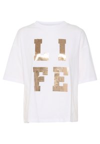 Bílý bavlněný tričko s oversize zlatým fóliovým textem "LIFE". Krátké rukávy, kulatý výstřih, uvolněný střih a hladká textura.