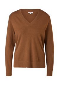 Pull marron à col en V et manches longues avec poignets et ourlet côtelés, en tissu tricoté doux, étiquette à l'intérieur du col.