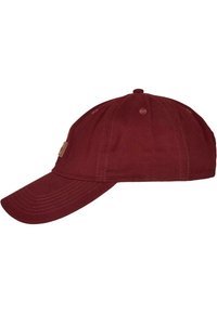 Burgundy baseball cap made of cotton, featuring a curved brim, adjustable strap, and a small logo patch on the side.