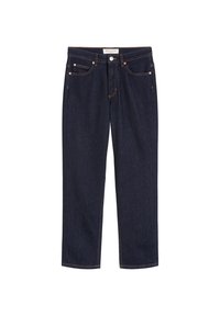 Donkerblauwe jeans van denim met een rechte snit, vijf zakken en koperen stiksels. Voorzien van een voorste knoop- en ritssluiting.