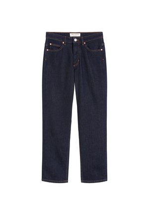 Dark blue denim jeans with a straight cut, five pockets, and copper stitching. Features a front button and zipper closure.