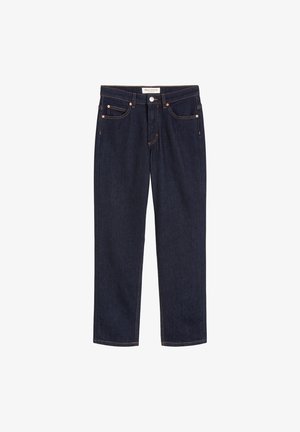 Donkerblauwe jeans van denim met een rechte snit, vijf zakken en koperen stiksels. Voorzien van een voorste knoop- en ritssluiting.