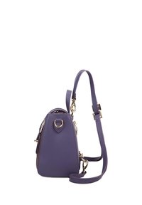 Borsa a tracolla in pelle viola con forma triangolare, dettagli in hardware dorato, tracolla rimovibile e chiusura con zip. Texture liscia con dettagli minimi.