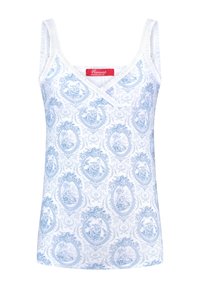 Weißes Tanktop mit blauem Blumenmuster, das über einen V-Ausschnitt und dünne Träger verfügt. Der Stoff hat eine glatte Textur mit einem dekorativen Druck.
