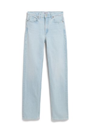 Hellblaue Jeans aus Denim mit geradem Bein, fünf Taschen und einer dezenten verwaschenen Textur. Metallknopf und Reißverschluss als Verschluss.