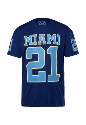 Navy blue short-sleeve crew neck t-shirt featuring "MIAMI" in light blue and "21" in larger font, textured fabric with a sporty design.