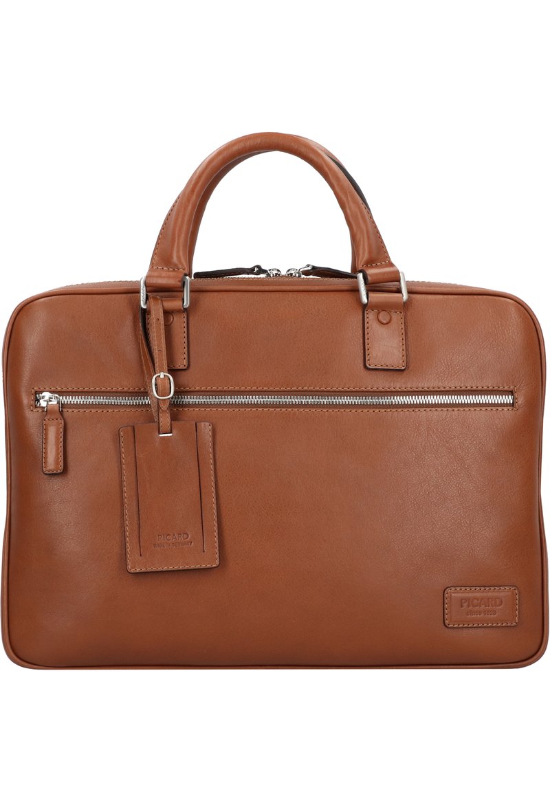 Brown leather briefcase with a smooth texture, top handle, silver zipper, front pocket, and detachable luggage tag. Subtle brand logo embossed.