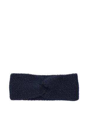 Black knitted fabric headband with a textured twist design across the front, shown on a white background.