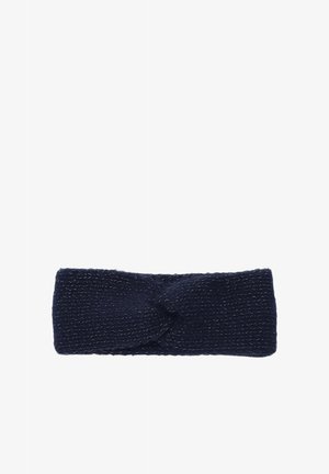 Black knitted fabric headband with a textured twist design across the front, shown on a white background.
