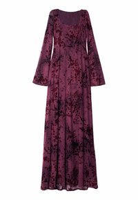 Vestido largo y fluido en tejido burdeos oscuro con un patrón floral en tonos de rojo y negro. Mangas acampanadas y escote cuadrado.