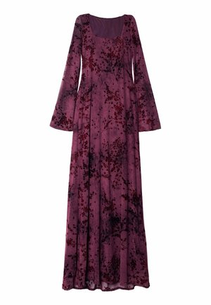 Robe longue et fluide en tissu bourgogne foncé avec un motif floral dans des nuances de rouge et de noir. Manches évasées et décolleté carré.