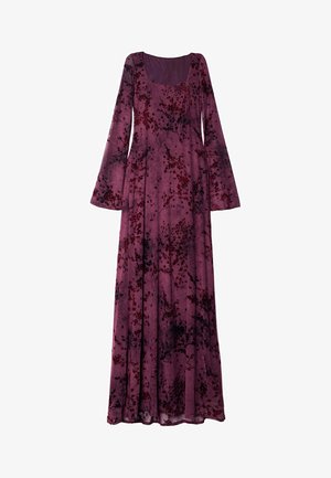 Vestido largo y fluido en tejido burdeos oscuro con un patrón floral en tonos de rojo y negro. Mangas acampanadas y escote cuadrado.