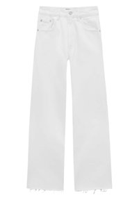 Pantaloni in denim bianco con vestibilità ampia, caratterizzati da chiusura con bottone, tasche laterali e posteriori e orli sfrangiati.