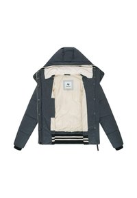 Grå pufferjakke med hette, med kremfarget fôr, svarte detaljer og stripete elastiske mansjetter. Fronten har trykknapper og sidelommer.