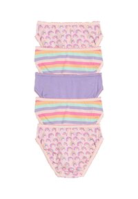 Set di cinque mutandine per bambini in varie tonalità, con motivi arcobaleno, righe pastello e bordi scallop. Materiale in cotone.