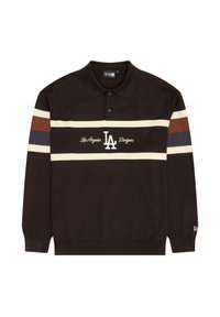 Bruine polo met lange mouwen, voorzien van een wit en kleurrijk streepdontwerp. Toont "Los Angeles Dodgers" en een logo in het midden.