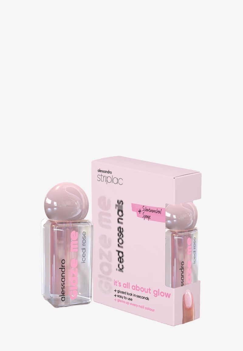 Bouteille de vernis à ongles Alessandro Striplac glazed rose avec bouchon rond à côté d'une boîte rose étiquetée "iced rose no.75" et avantages du produit.