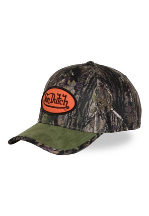 Casquette de baseball avec visière verte et motif camouflage, avec un patch ovale orange comportant le texte "Von Dutch" en noir.