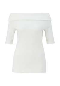 Haut blanc côtelé à épaules dénudées avec manches courtes et col plié, silhouette ajustée, présenté sur un fond blanc.