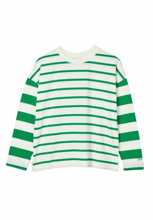 Langarmhemd aus Baumwolle, mit grünen und weißen horizontalen Streifen, Rundhalsausschnitt und seitlichen Schlitzen am Saum.
