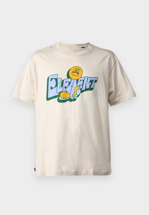 Beige short-sleeve T-shirt with playful "Elephant" text in blue and green, featuring a smiling yellow cartoon character integrated in the design.