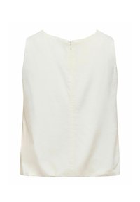 Haut sans manches en satin blanc avec un col rond et une petite fermeture éclair au dos, présenté sur un fond blanc uni.