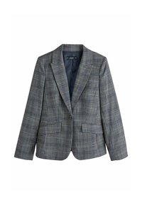 Dámský oblekový blazer s modrošedým a černým kostkovaným vzorem, s klopovými límci, dlouhými rukávy a dvěma předními kapsami s klopou.