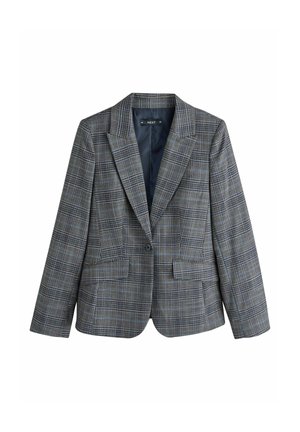 Blazer da donna su misura con motivo a quadri blu, grigio e nero, revers a punte, maniche lunghe e due tasche frontali a pattina.