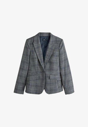 Kvinnors skräddarsydd blazer med blå, grå och svart rutmönster, slitsade kragar, långa ärmar och två framfickor med klaff.