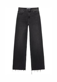 Wide-leg black denim jeans with a frayed hem, featuring a classic five-pocket design and a button-front closure. Clean finish.