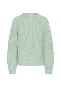 Suéter de punto verde claro con un patrón texturizado, mangas raglán y un escote redondo. Dobladillo y puños de canalé para un detalle adicional.
