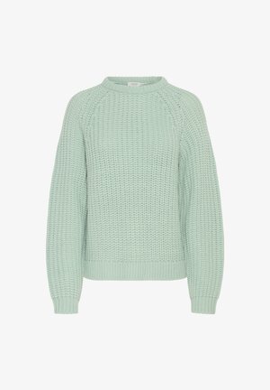 Suéter de punto verde claro con un patrón texturizado, mangas raglán y un escote redondo. Dobladillo y puños de canalé para un detalle adicional.