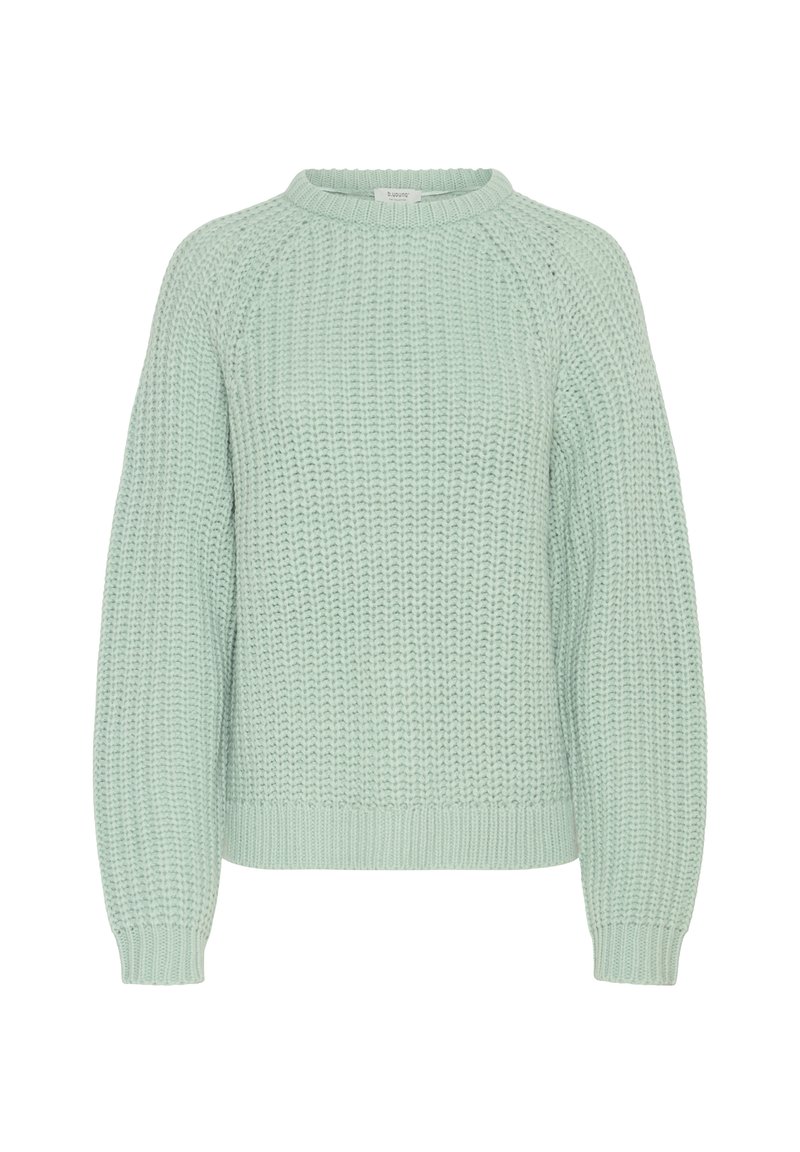 Suéter de punto verde claro con un patrón texturizado, mangas raglán y un escote redondo. Dobladillo y puños de canalé para un detalle adicional.