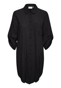 Chemise noire à boutons avec col, manches longues retroussées, une poche poitrine et coupe décontractée, fabriquée dans un tissu texturé.