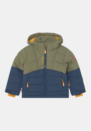 Padded jacket with olive green upper and navy lower sections. Features a hood, front zipper, and yellow accents. Textured quilted design.