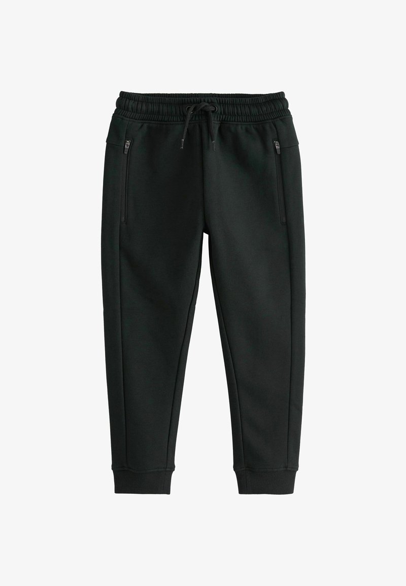 Pantaloni da jogging neri con vita elastica, coulisse, due tasche laterali con zip e polsini a coste alle caviglie.