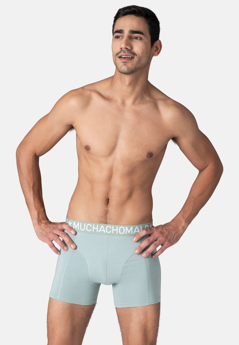 Light blue cotton boxer briefs with a white logo waistband. Features a snug fit and a smooth texture. No other details visible.
