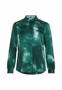 Zelena svila bluza s ovratnikom, dugim rukavima s nabranim manžetama i batik uzorkom u različitim nijansama zelene boje.