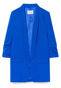 Blå blazer med satininteriör, strukturerad design, trekvartslånga ärmar och två framfickor. Slät textur och skräddarsydd passform.