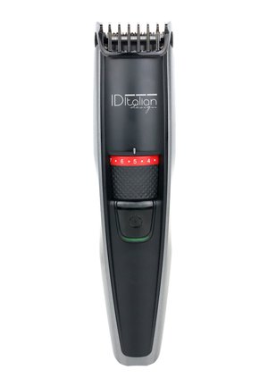 Tondeuse à barbe électrique noire et argent avec molette rouge réglable affichant les chiffres de 4 à 7 et un bouton d'alimentation en dessous.