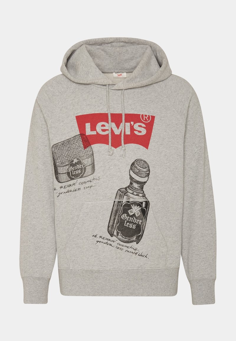 Sweat à capuche Levi's gris clair avec logo rouge et croquis noirs de cosmétiques non genrés, y compris des bouteilles de savon et de bain de bouche.