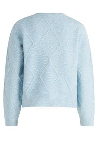 Hellblauer Wollpullover mit strukturierter Rautenmuster, gerippten Bündchen und Saum sowie rundem Ausschnitt. Rückansicht, lange Ärmel.
