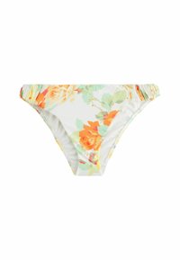 Cvetni bikinski spodnji del v beli barvi z oranžnimi in zelenimi vzorci vrtnic. Ima nabirane stranice in gladko, raztegljivo teksturo.
