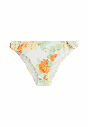 Bloemige bikini onderkant in het wit met oranje en groene rozenpatronen. Heeft gathered zijkanten en een soepele, rekbare textuur.