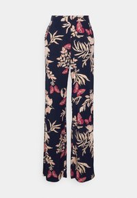 Blommiga vida byxor i marinblått tyg med rosa och röda fjäril- och bladmönster, med en mjuk textur och en avslappnad passform.