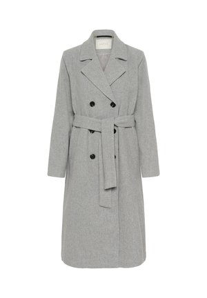 Gray wool blend trench coat with a double-breasted design, large black buttons, and a matching belt at the waist. Features a notched collar.