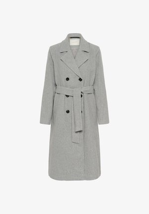 Grau melierte Wollmischung-Trenchcoat mit einem doppelt-knöpfbaren Design, großen schwarzen Knöpfen und einem passenden Gürtel in der Taille. Mit Spitzkragen.