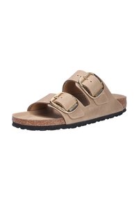 Brune sandaler med to justerbare remme, guldfarvede detaljer og en korksål. Sålen er sort og tekstureret for bedre greb.