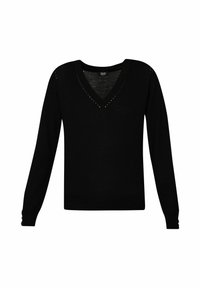 Maglione nero a maglia con scollo a V, maniche lunghe e piccoli dettagli decorativi vicino allo scollo e ai polsini. Texture liscia.
